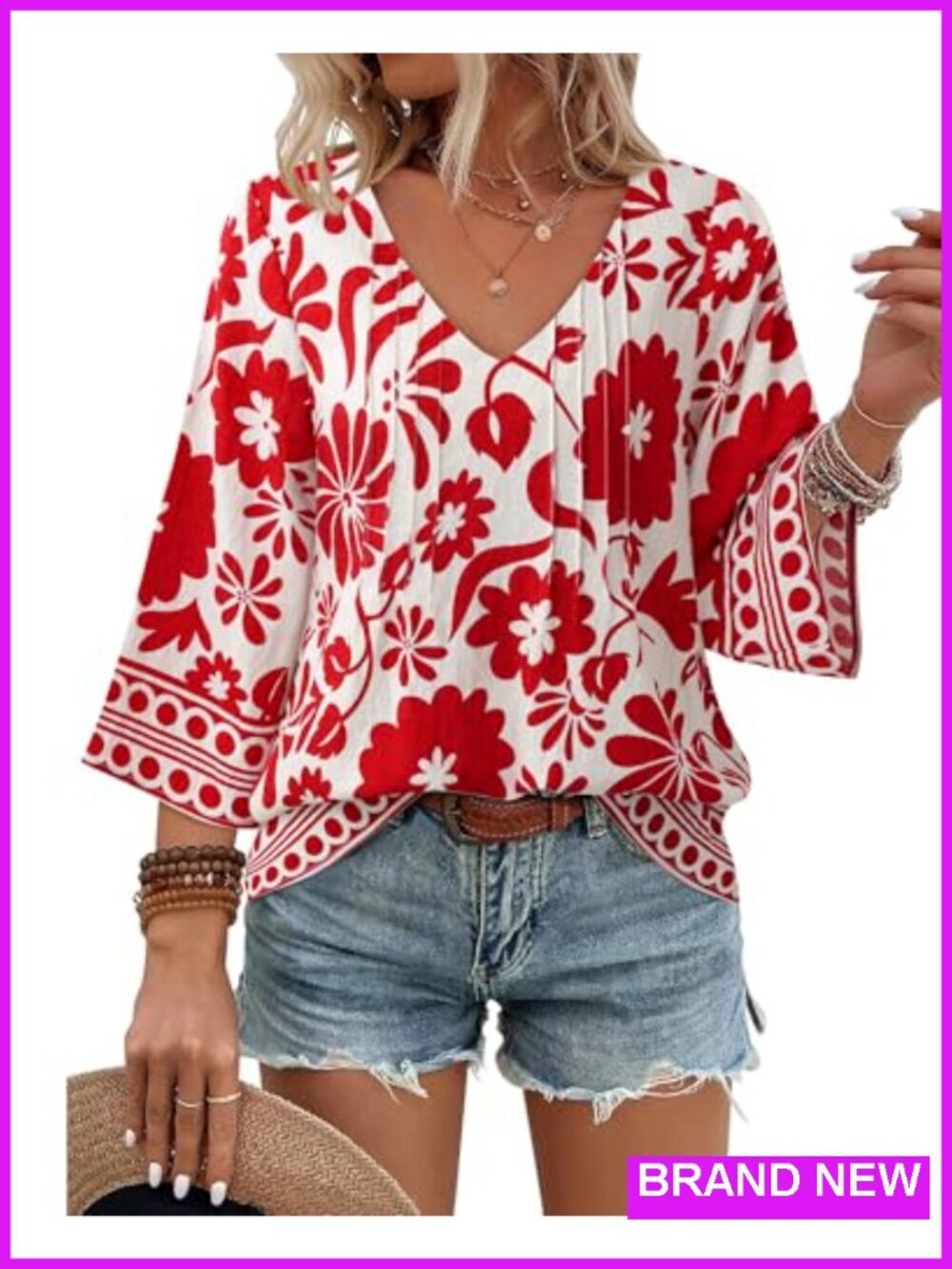 Boho Floral Tunic Top 3/4 Bell Sleeve Loose Fit Blouse